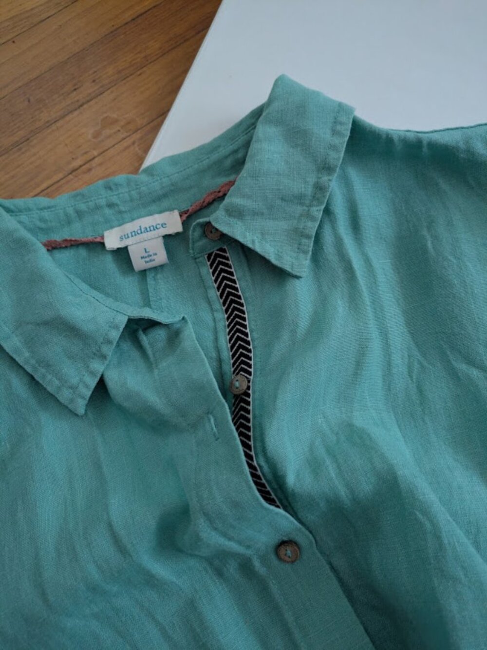 SUNDANCE Women Sz L Classic Tales Button Down Shirt Green Linen Camp Style
